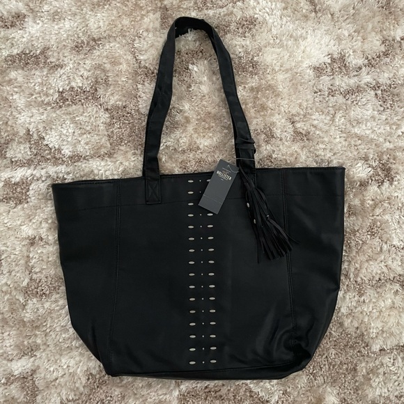 NWT Hollister Black Boho Faux Leather Tote Bag Beaded - Picture 1 of 2